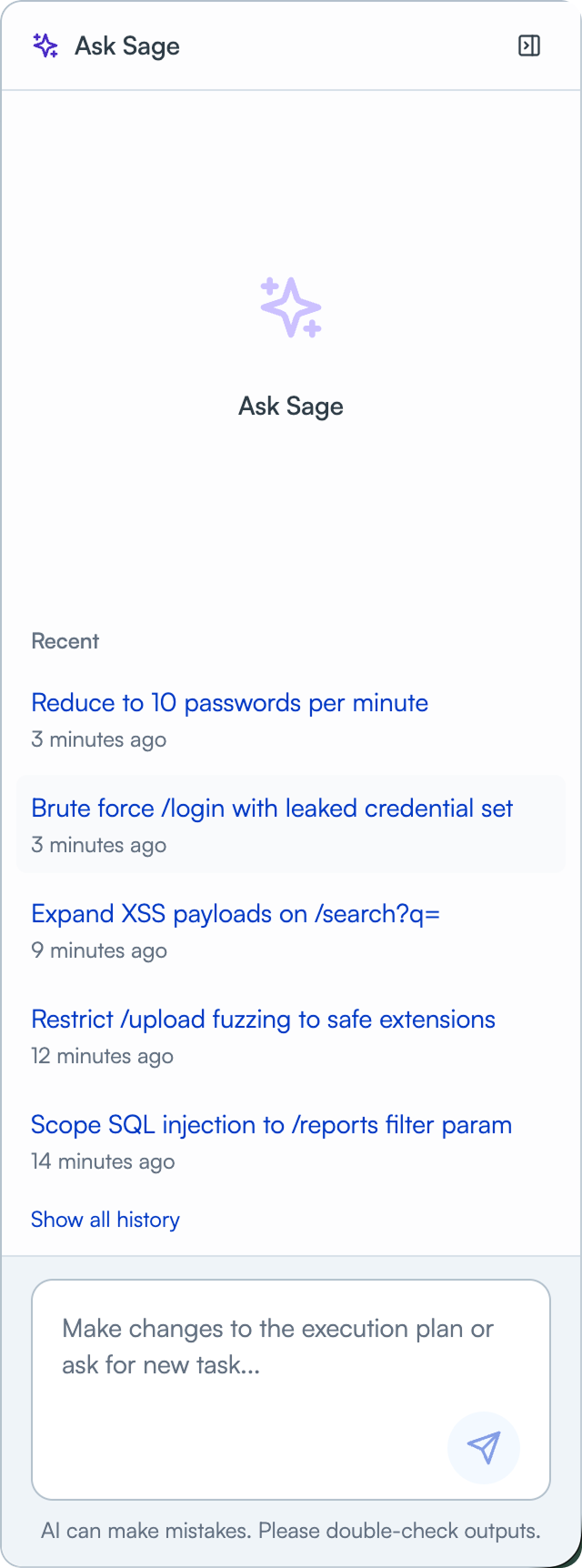 Ask Sage chat panel with a list of recent requests and a plain text input